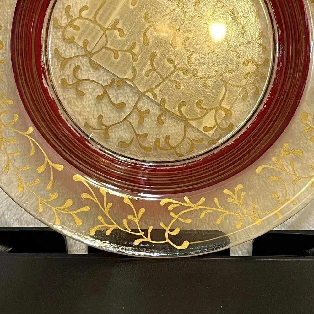 Vtg Pier 1 Rioja Red & Gold Scroll Plate Candle Dish 6